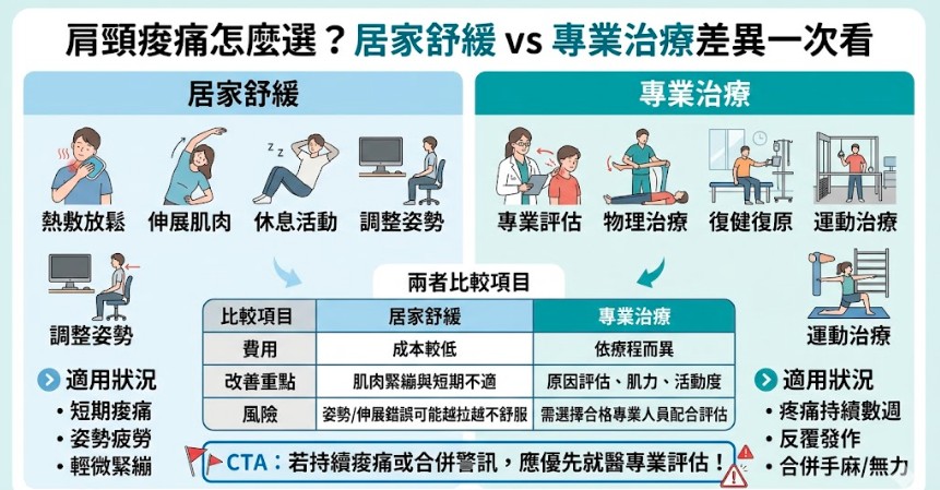 肩頸痠痛常見於久坐、低頭滑手機、姿勢不良與壓力緊繃,若只是短期不適,可先透過熱敷、伸展與姿勢調整舒緩;若肩頸痠痛反覆發作、影響睡眠,或合併手麻、無力等狀況,建議尋求專業評估,找出真正原因並規劃適合的改善方式。